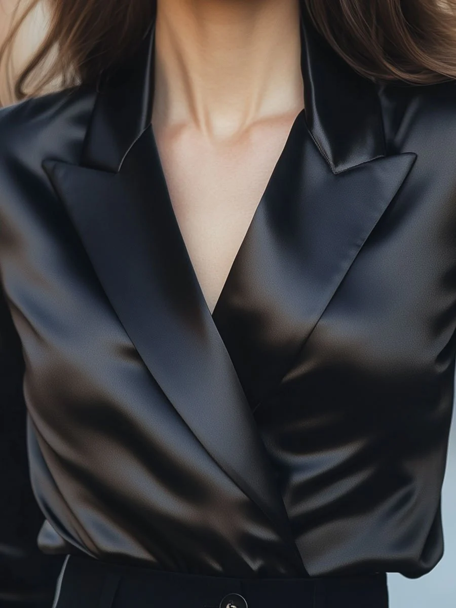 Lustrous Black Satin Blouse with Tailored Lapel - Image 3