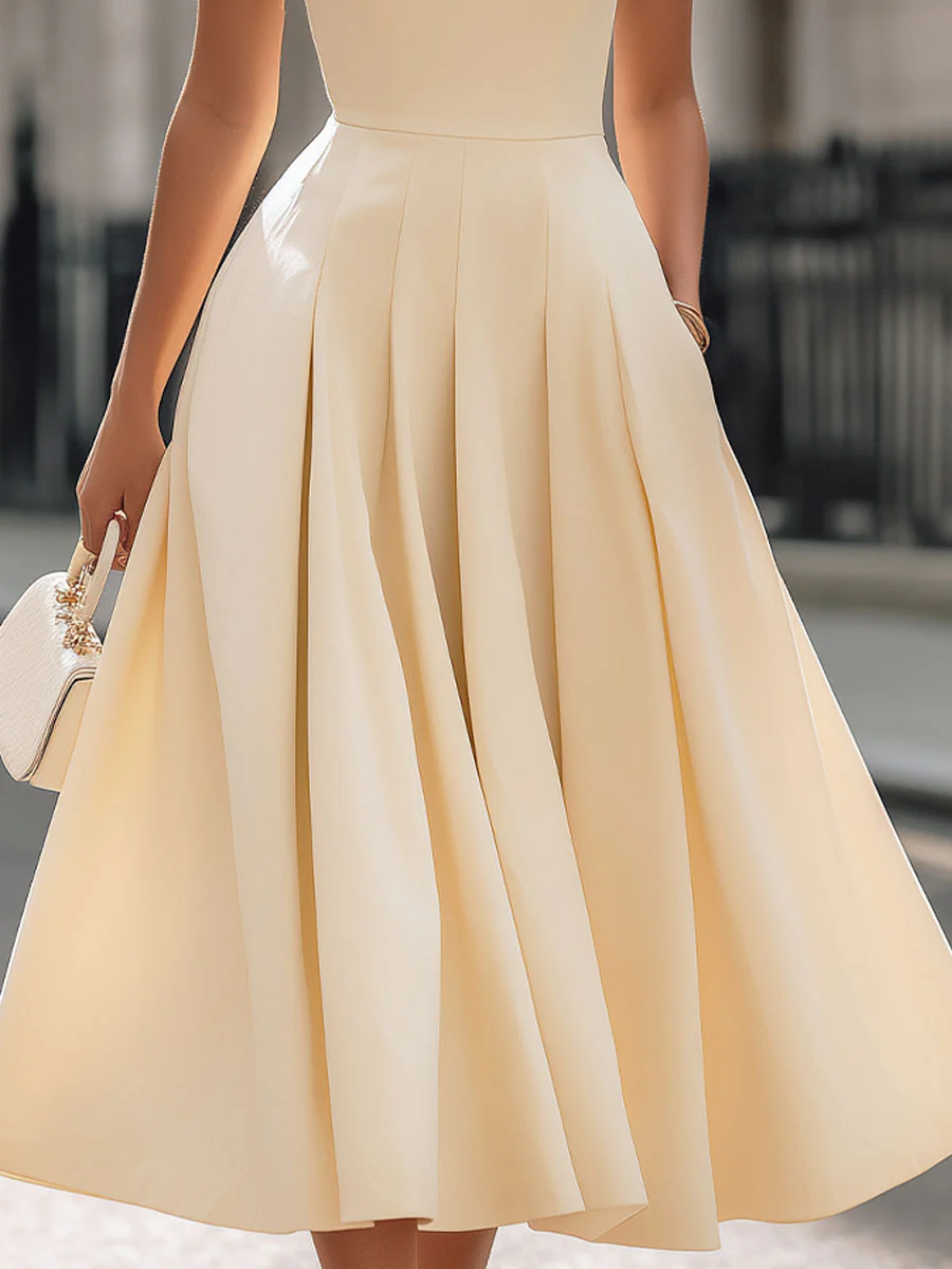Luxe Cream Sleeveless Turtleneck Pleated Midi Dress - Image 3