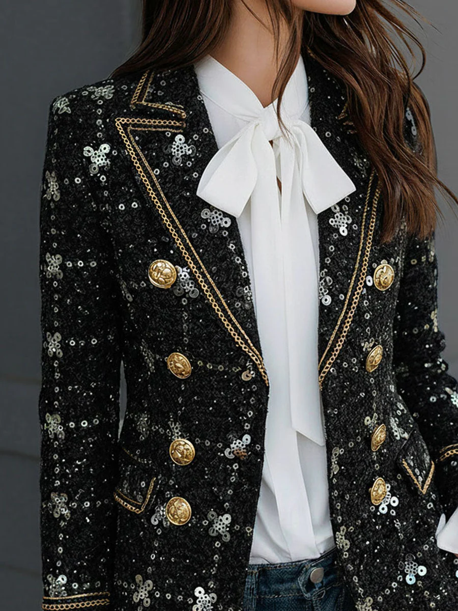 Luxe Double Breasted Black Sequin-Embellished Tweed Blazer - Image 2