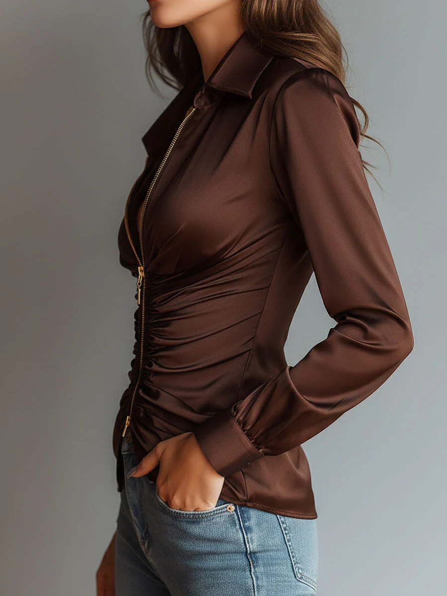 Luxe Mocha Satin Ruched Zip-Up Blouse - Image 5