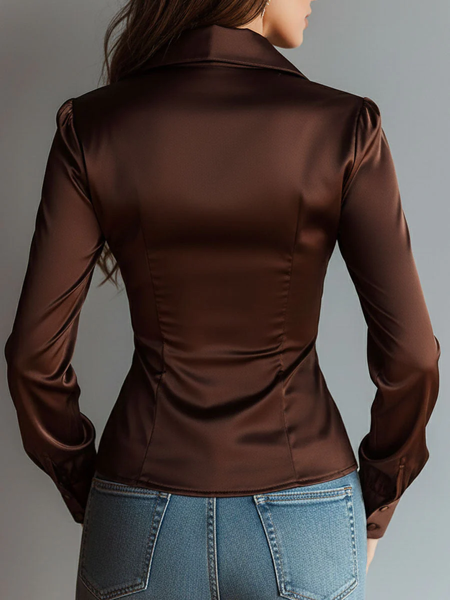 Luxe Mocha Satin Ruched Zip-Up Blouse - Image 6