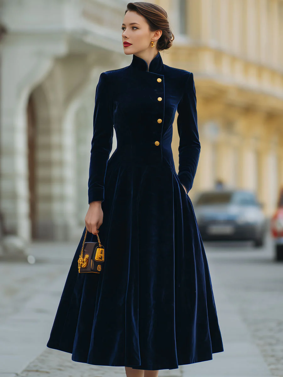 Luxe Navy Velvet A-Line Dress With Gold Accents - Image 2