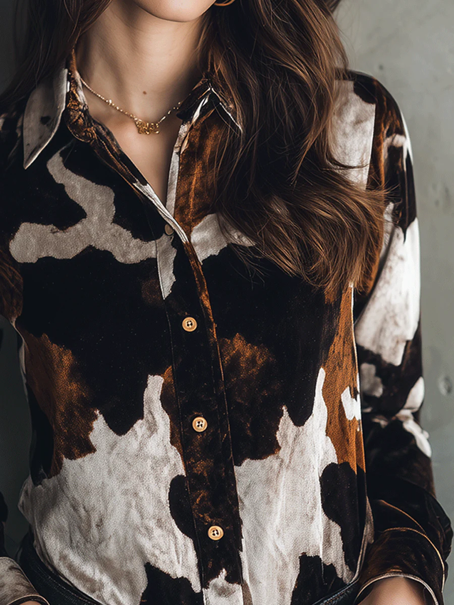 Luxe Texture Velvet Cow Print Button-Up Shirt - Image 2