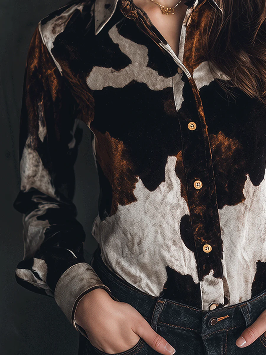 Luxe Texture Velvet Cow Print Button-Up Shirt - Image 3