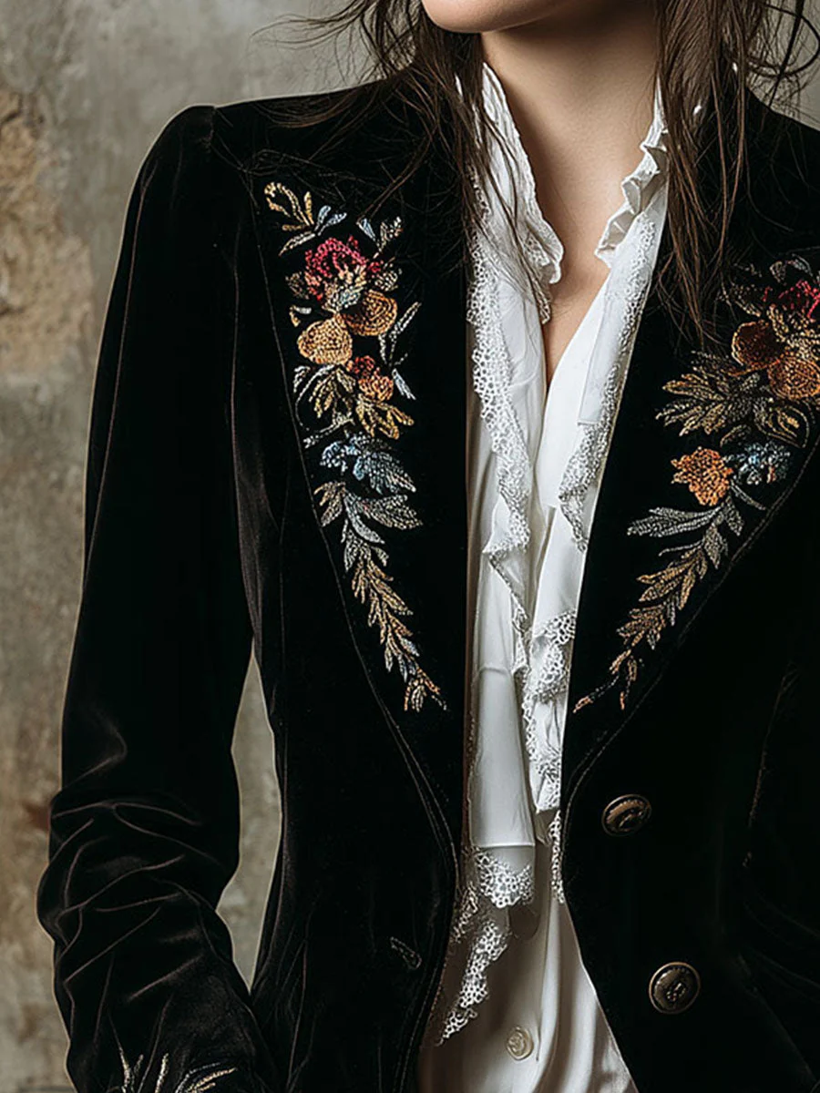 Luxurious Vintage Floral Embroidered Velvet Tailored Blazer - Image 2
