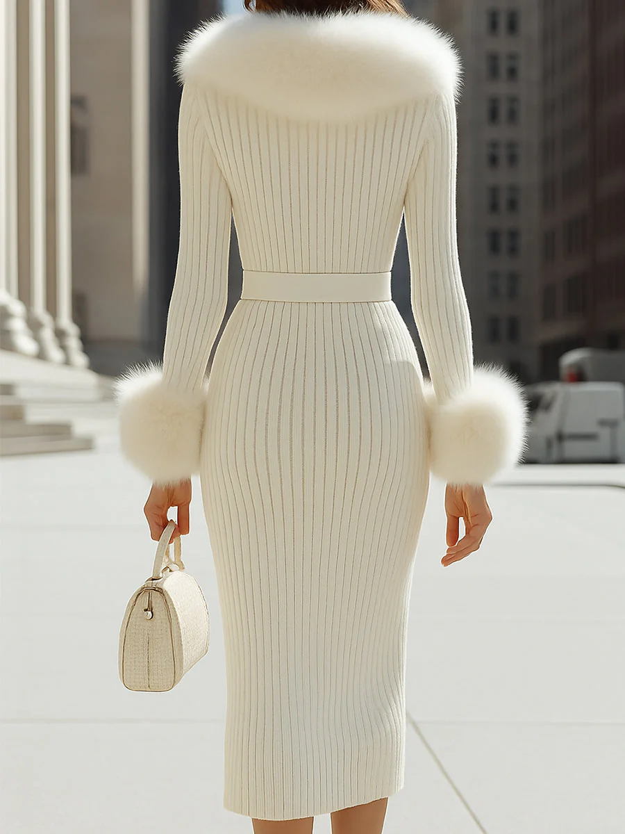 Luxurious White Faux Fur - Trimmed Ribbed Knit Midi Dress - Image 4