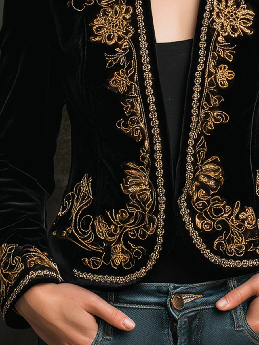 Luxury Baroque Gold Embroidered Velvet Blazer - Image 3