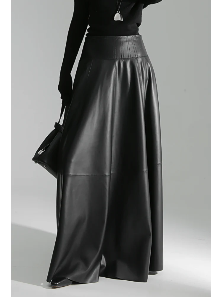 Luxury Black Genuine Sheepskin Midi Skirt – High Waist A-Line Leather Flared Skirt for Women