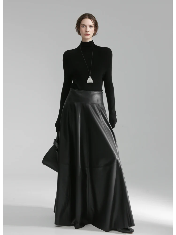 Luxury Black Genuine Sheepskin Midi Skirt – High Waist A-Line Leather Flared Skirt for Women - Image 2