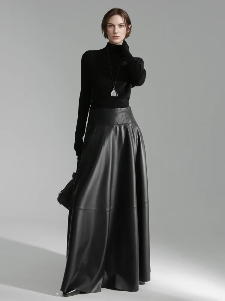 Luxury Black Genuine Sheepskin Midi Skirt – High Waist A-Line Leather Flared Skirt for Women - Image 3