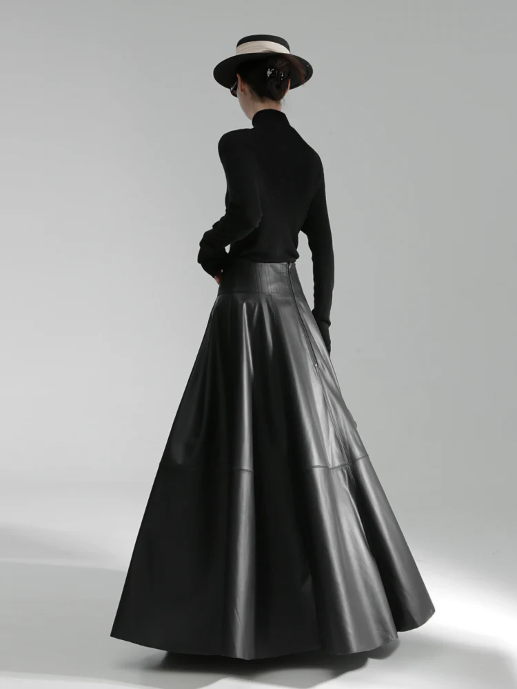 Luxury Black Genuine Sheepskin Midi Skirt – High Waist A-Line Leather Flared Skirt for Women - Image 4