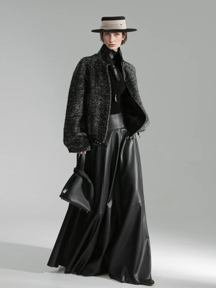 Luxury Black Genuine Sheepskin Midi Skirt – High Waist A-Line Leather Flared Skirt for Women - Image 5