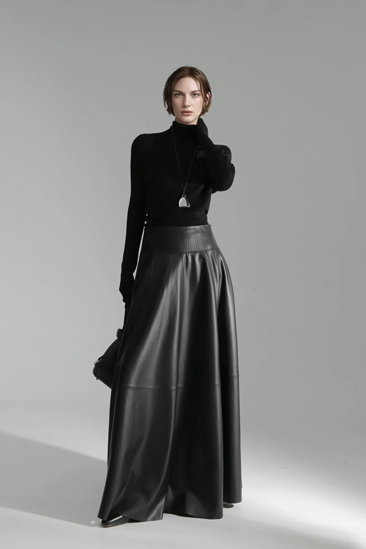 Luxury Black Genuine Sheepskin Midi Skirt – High Waist A-Line Leather Flared Skirt for Women - Image 6