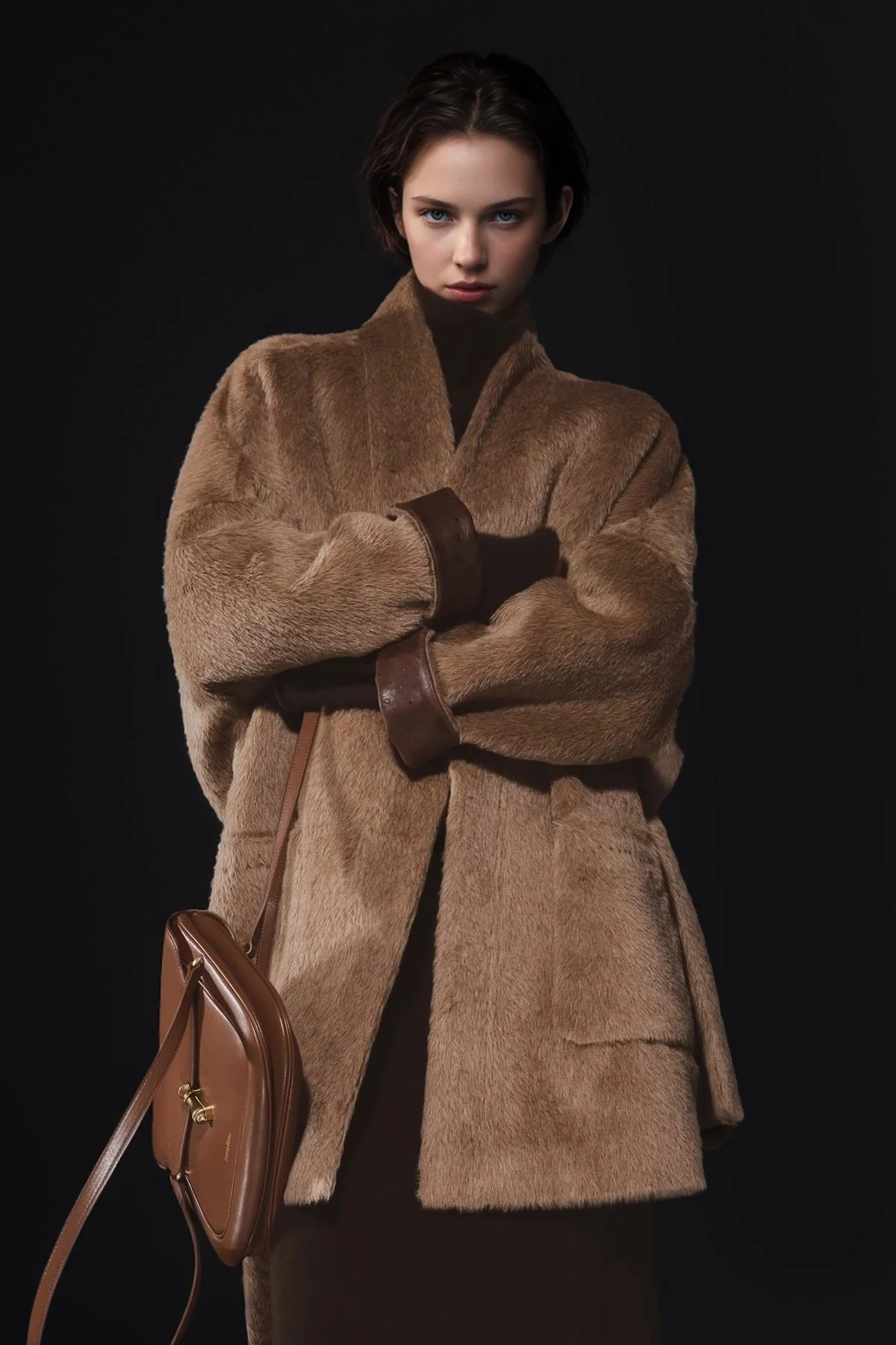 Luxury Ostrich-Texture Patchwork Wool-Blend Alpaca Coat for Women – Elegant Fall Winter Outerwear - Image 2