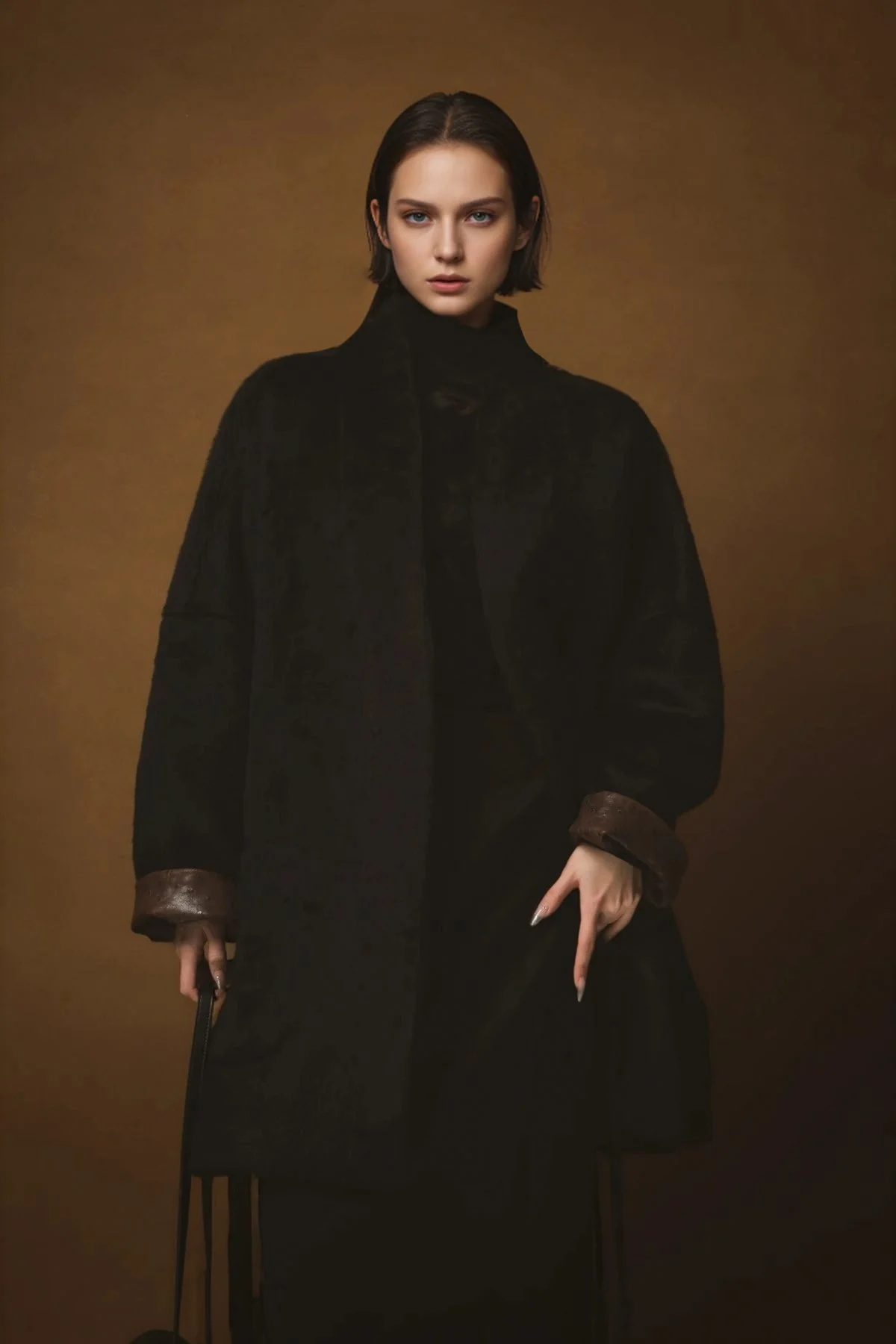 Luxury Ostrich-Texture Patchwork Wool-Blend Alpaca Coat for Women – Elegant Fall Winter Outerwear - Image 4