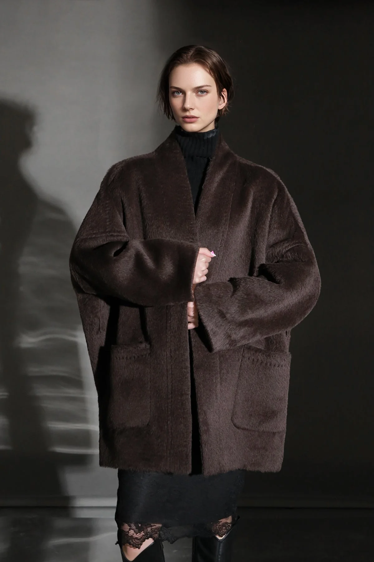 Luxury Ostrich-Texture Patchwork Wool-Blend Alpaca Coat for Women – Elegant Fall Winter Outerwear - Image 7