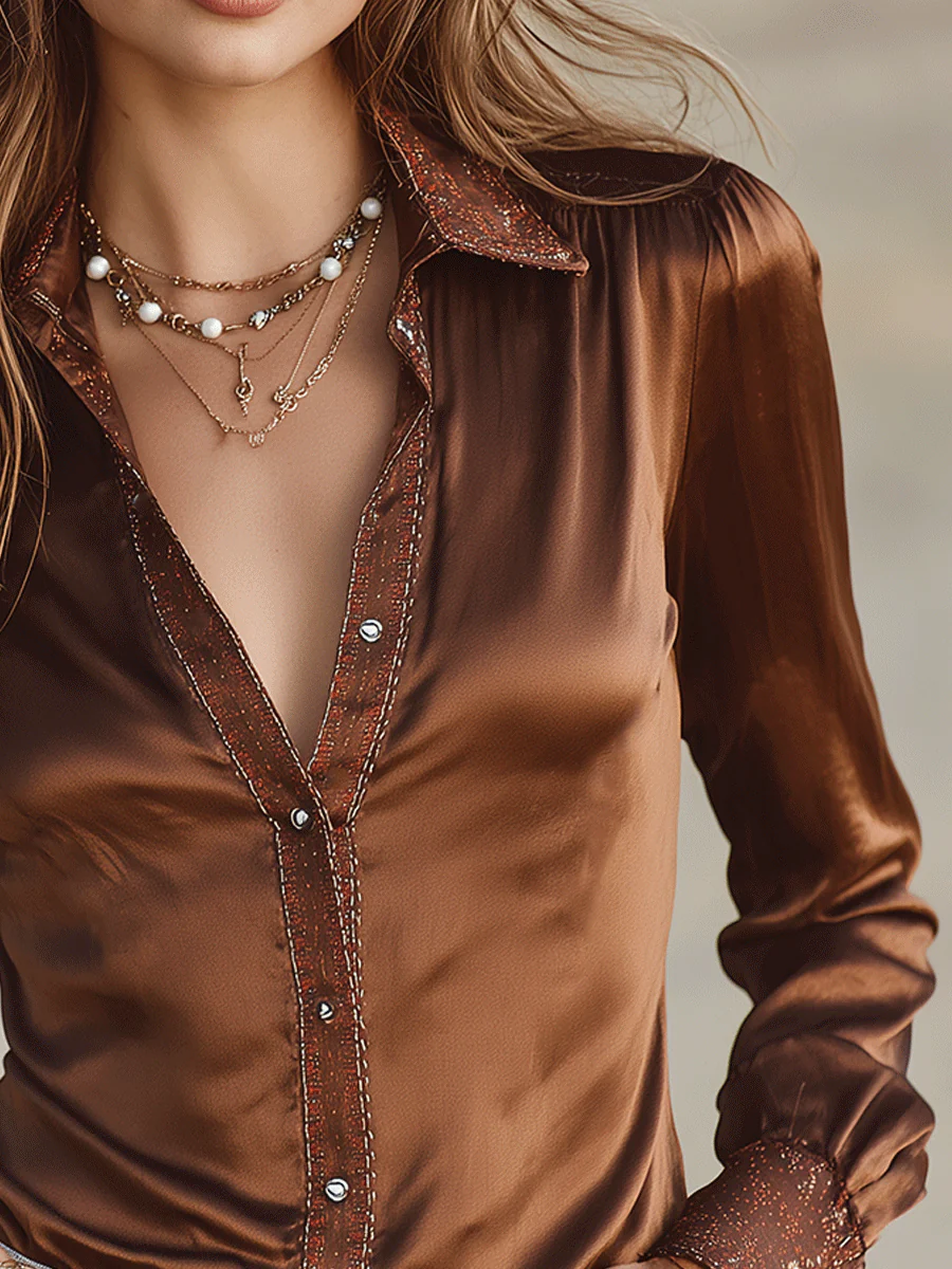 Luxury Satin Bronze Tailored Button-Down Blouse - Image 2