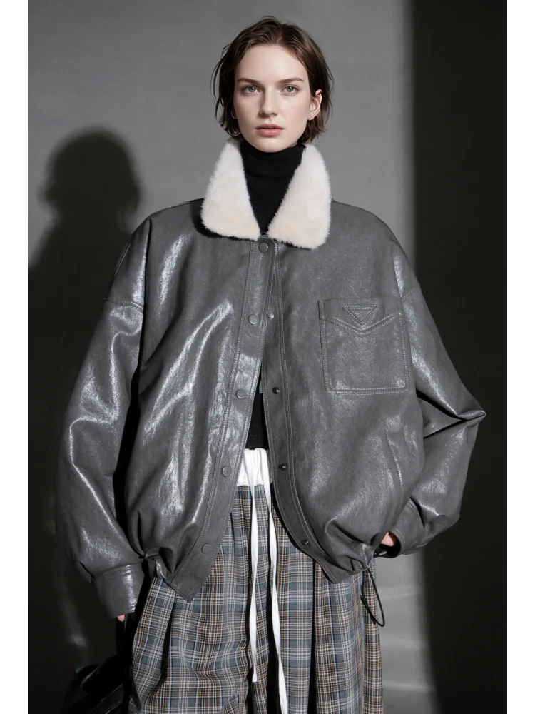 Luxury Sheepskin Down Jacket – Short Oil-Wax Leather Coat with Mink Fur Collar & Goose Down Fill, Winter Outerwear