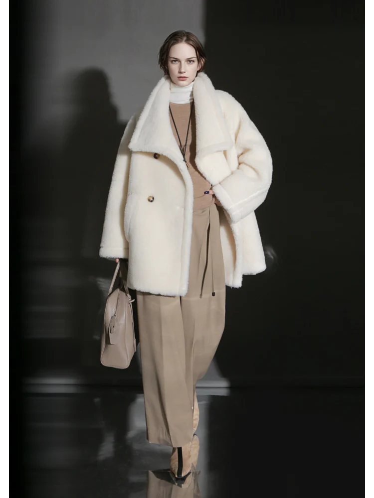 Luxury Teddy Wool Coat for Women – Double-Faced Wool Overcoat with Oversized Lapel, Warm Fuzzy Winter Jacket - Image 2