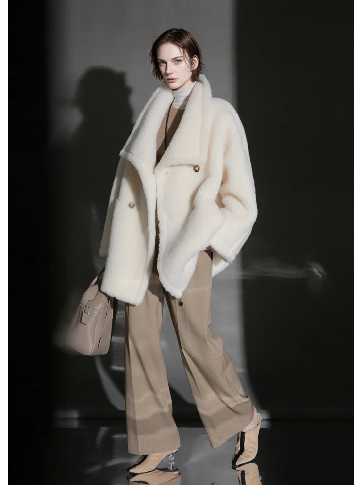 Luxury Teddy Wool Coat for Women – Double-Faced Wool Overcoat with Oversized Lapel, Warm Fuzzy Winter Jacket - Image 3