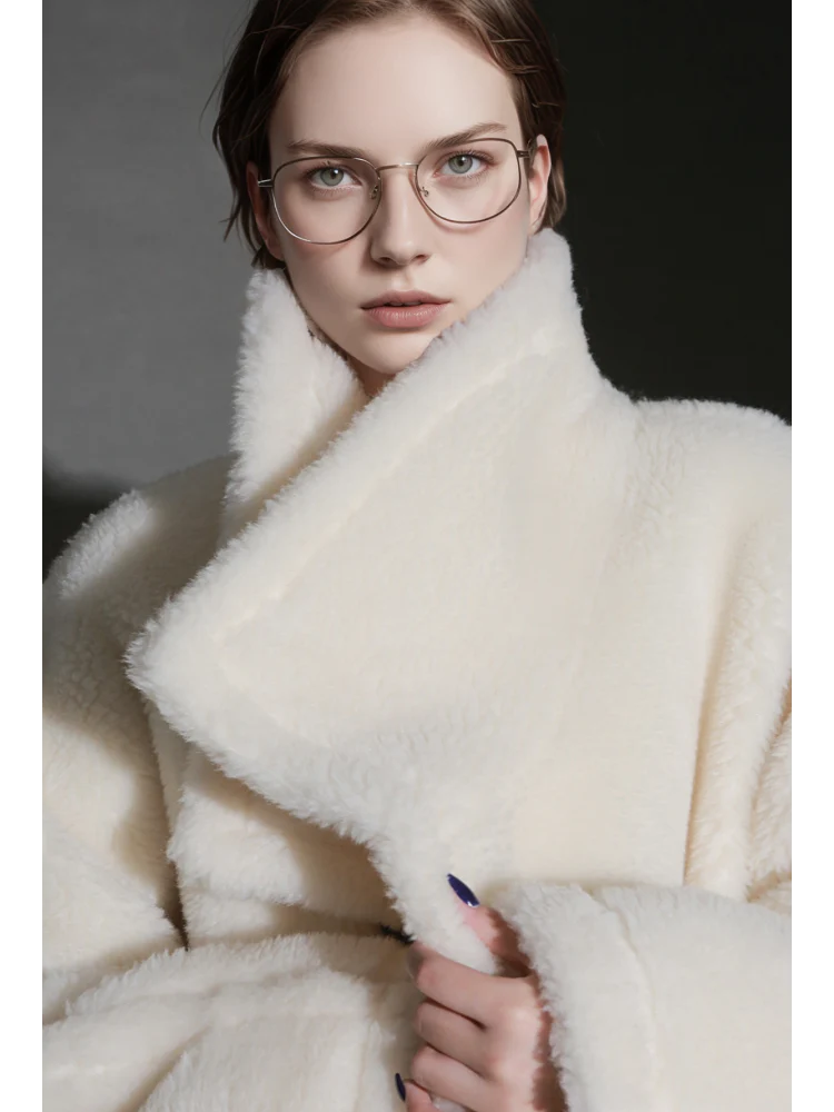 Luxury Teddy Wool Coat for Women – Double-Faced Wool Overcoat with Oversized Lapel, Warm Fuzzy Winter Jacket - Image 4