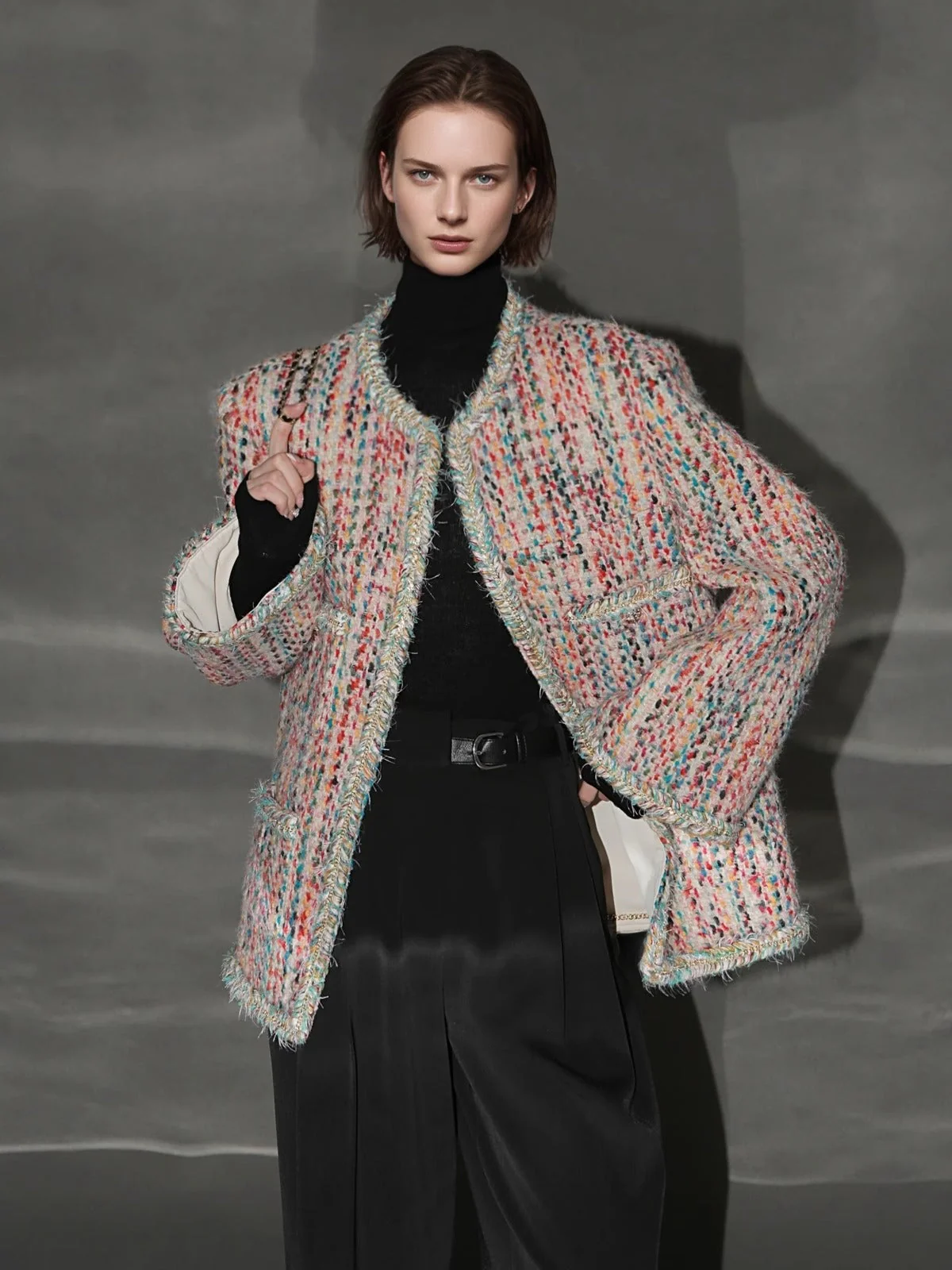 Luxury Tweed Short Jacket for Women – Handwoven Colorful Yarn Chanel-Inspired Round Neck Blazer, Autumn Fashion