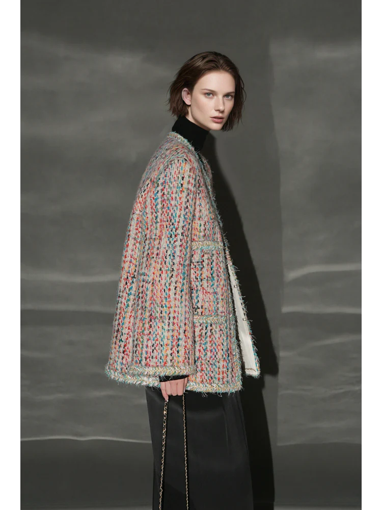 Luxury Tweed Short Jacket for Women – Handwoven Colorful Yarn Chanel-Inspired Round Neck Blazer, Autumn Fashion - Image 2