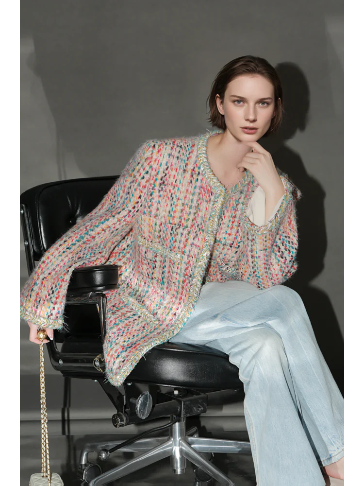 Luxury Tweed Short Jacket for Women – Handwoven Colorful Yarn Chanel-Inspired Round Neck Blazer, Autumn Fashion - Image 3