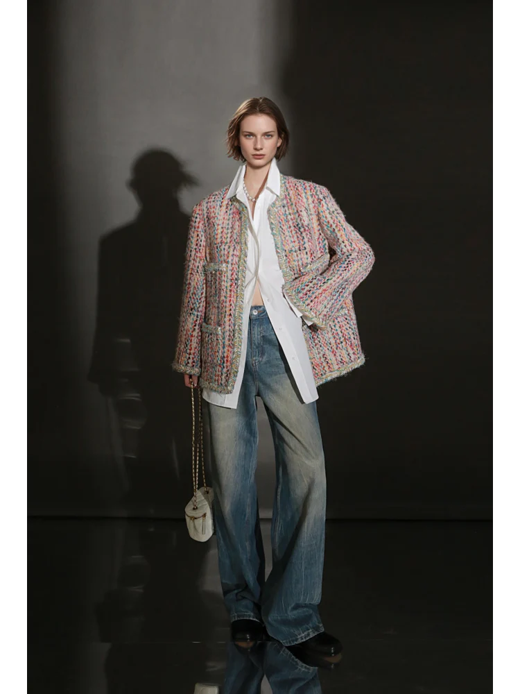 Luxury Tweed Short Jacket for Women – Handwoven Colorful Yarn Chanel-Inspired Round Neck Blazer, Autumn Fashion - Image 4