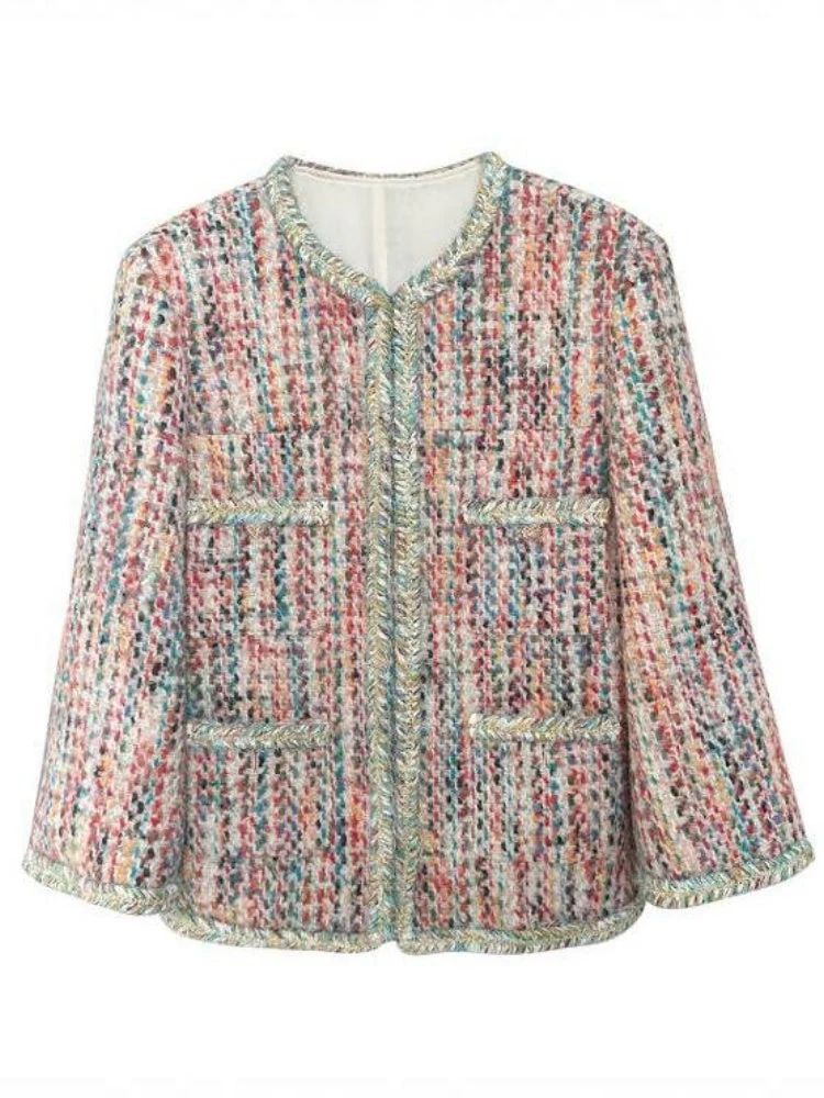 Luxury Tweed Short Jacket for Women – Handwoven Colorful Yarn Chanel-Inspired Round Neck Blazer, Autumn Fashion - Image 5