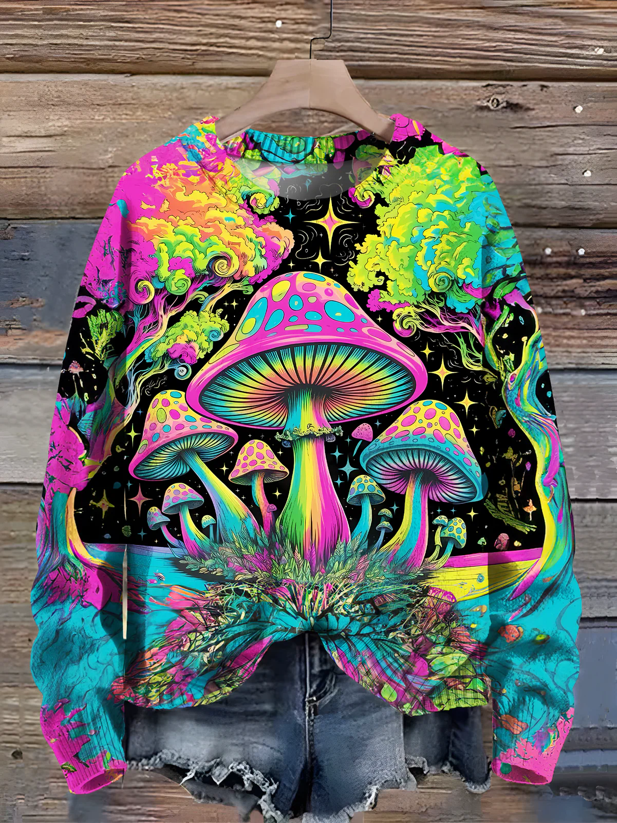 Magic Hippie Mushrooms Print Casual Crew Neck Pullover Sweater
