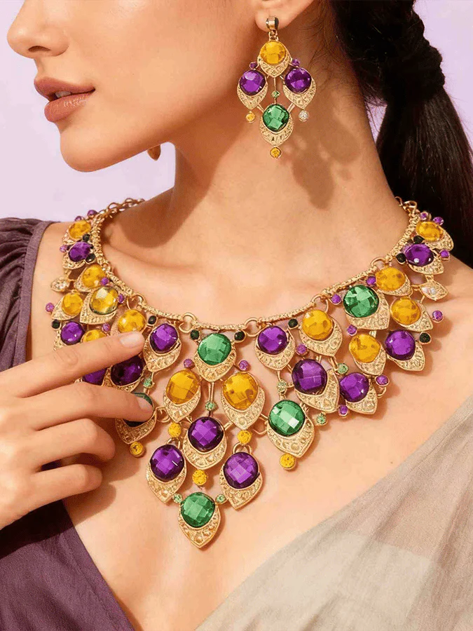 Mardi Gras Carnival Necklace And Earrings Set With Three-Color Rhinestones, Party Jewelry Set.