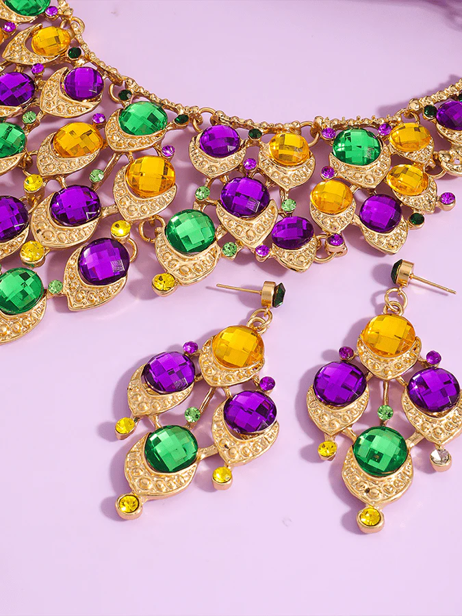 Mardi Gras Carnival Necklace And Earrings Set With Three-Color Rhinestones, Party Jewelry Set. - Image 10
