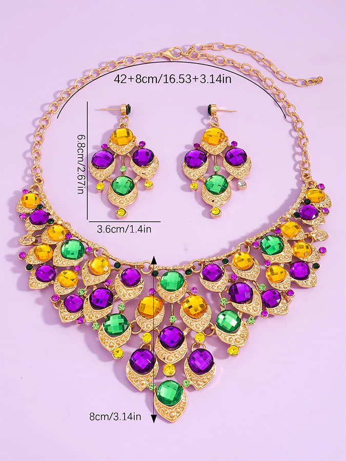Mardi Gras Carnival Necklace And Earrings Set With Three-Color Rhinestones, Party Jewelry Set. - Image 11