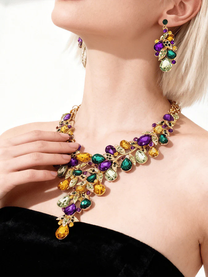 Mardi Gras Carnival Necklace And Earrings Set With Three-Color Rhinestones, Party Jewelry Set. - Image 12