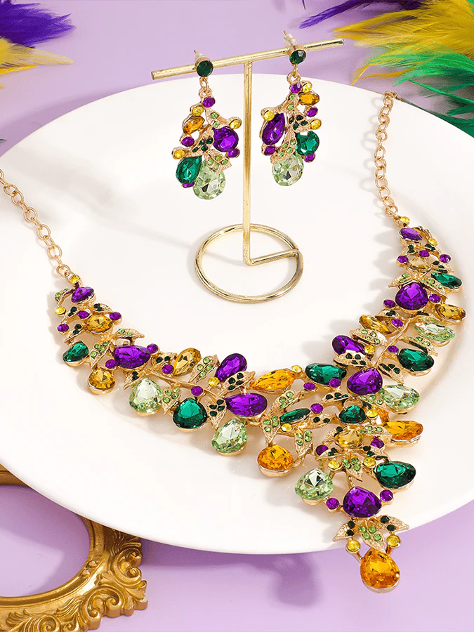 Mardi Gras Carnival Necklace And Earrings Set With Three-Color Rhinestones, Party Jewelry Set. - Image 13