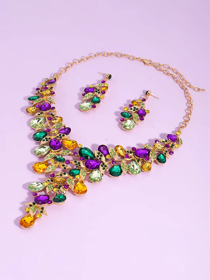 Mardi Gras Carnival Necklace And Earrings Set With Three-Color Rhinestones, Party Jewelry Set. - Image 14