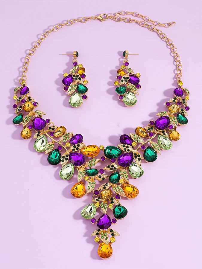 Mardi Gras Carnival Necklace And Earrings Set With Three-Color Rhinestones, Party Jewelry Set. - Image 15