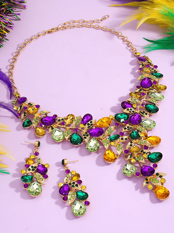 Mardi Gras Carnival Necklace And Earrings Set With Three-Color Rhinestones, Party Jewelry Set. - Image 16