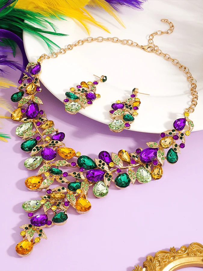 Mardi Gras Carnival Necklace And Earrings Set With Three-Color Rhinestones, Party Jewelry Set. - Image 17
