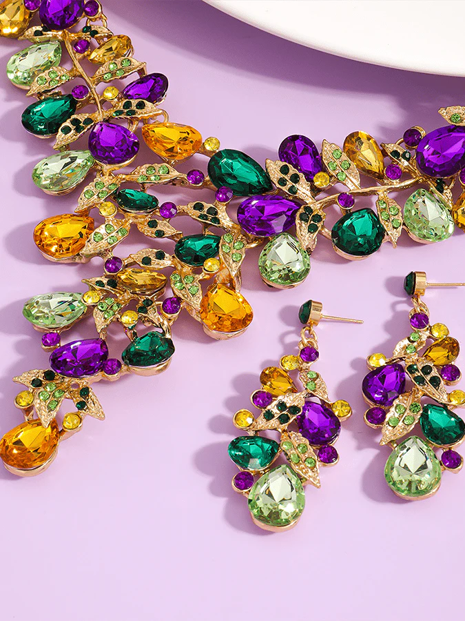 Mardi Gras Carnival Necklace And Earrings Set With Three-Color Rhinestones, Party Jewelry Set. - Image 18