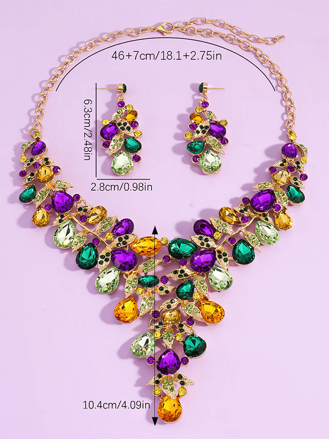Mardi Gras Carnival Necklace And Earrings Set With Three-Color Rhinestones, Party Jewelry Set. - Image 19