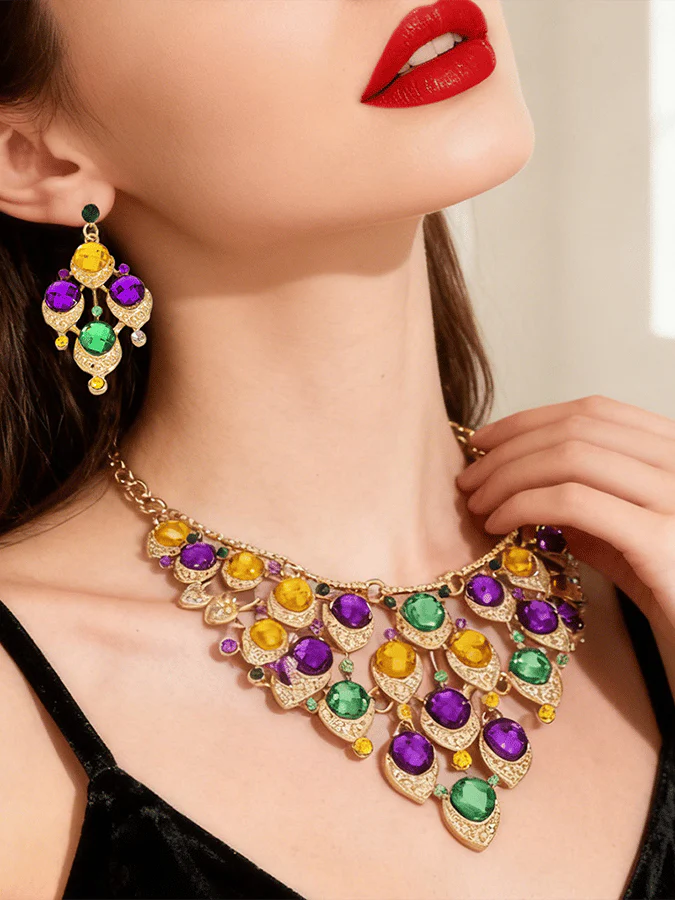 Mardi Gras Carnival Necklace And Earrings Set With Three-Color Rhinestones, Party Jewelry Set. - Image 5