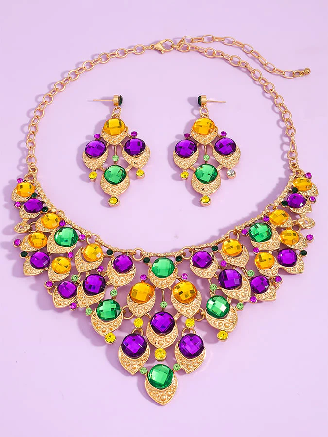 Mardi Gras Carnival Necklace And Earrings Set With Three-Color Rhinestones, Party Jewelry Set. - Image 6