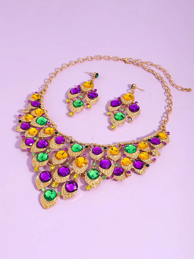 Mardi Gras Carnival Necklace And Earrings Set With Three-Color Rhinestones, Party Jewelry Set. - Image 7