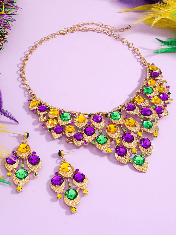 Mardi Gras Carnival Necklace And Earrings Set With Three-Color Rhinestones, Party Jewelry Set. - Image 8