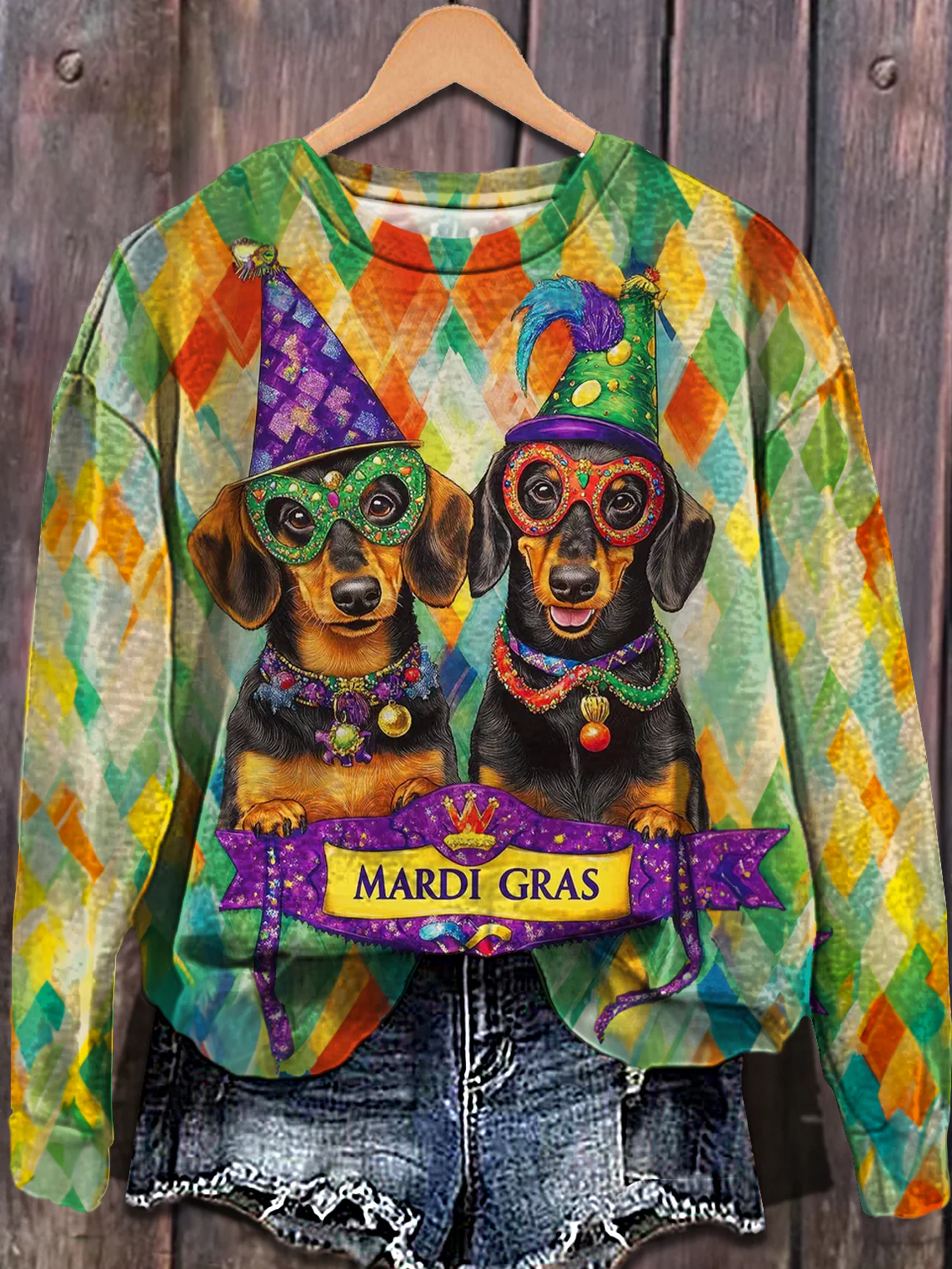 Mardi Gras Dachshund Dog Printed Long Sleeve Casual Top