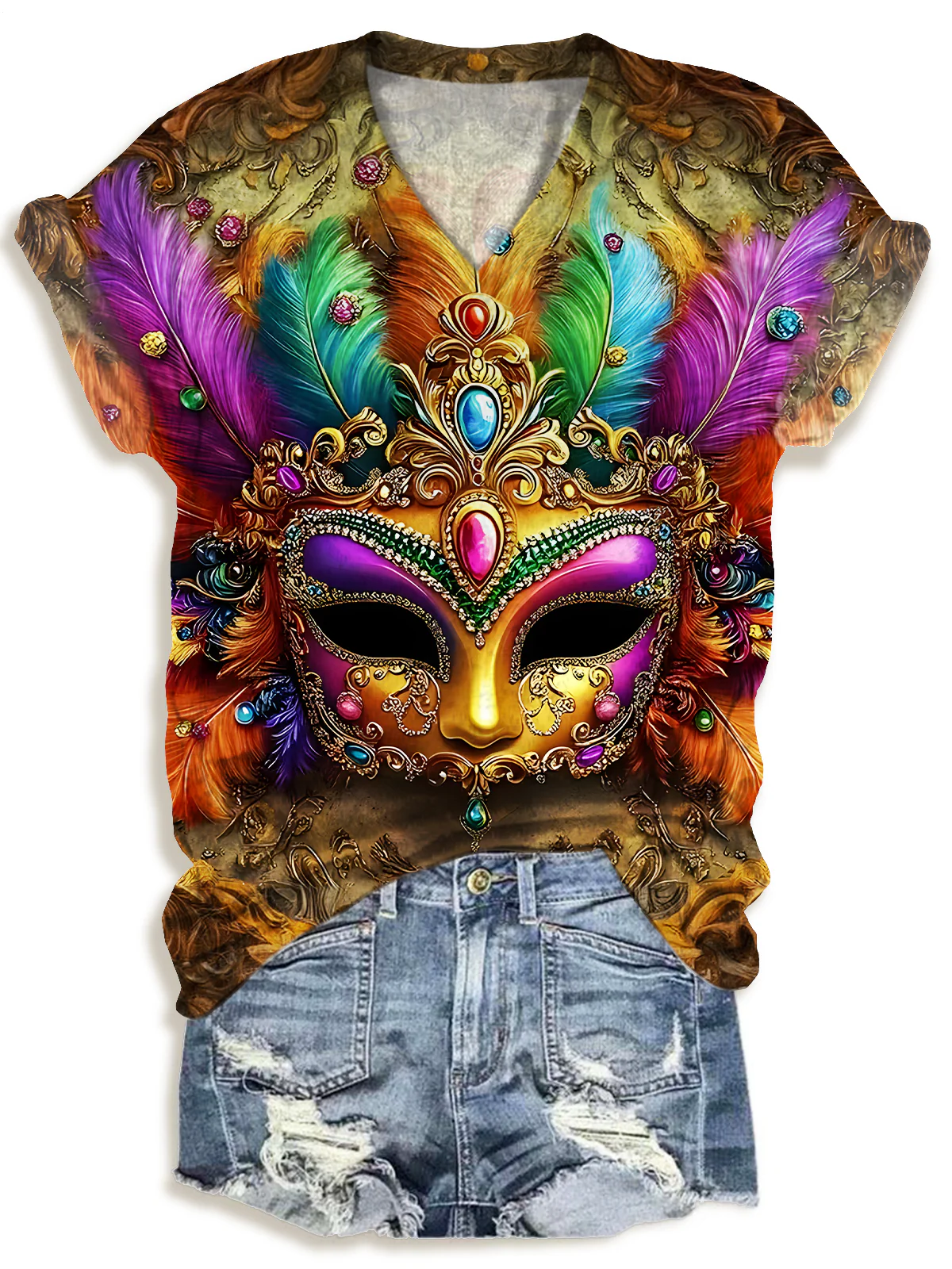 Mardi Gras Garlands Feathers Masks V-neck T-Shirt