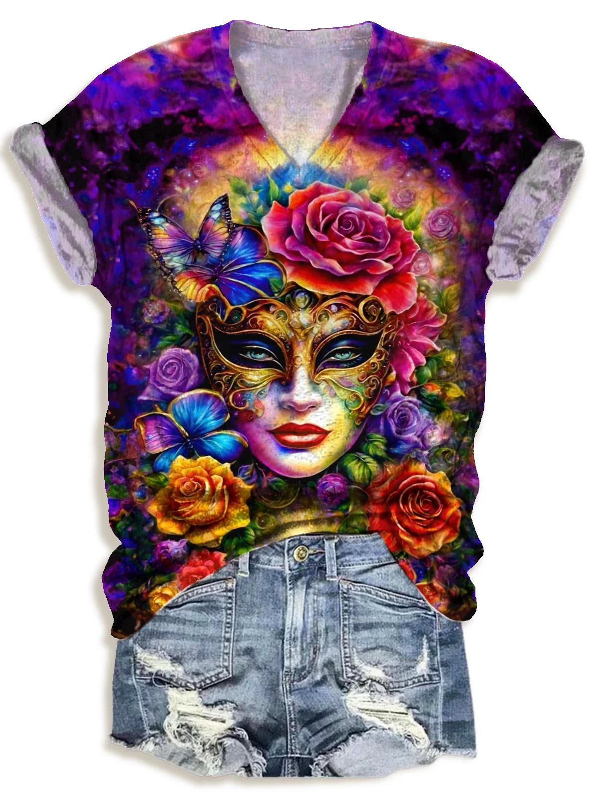Mardi Gras Mask Print V-neck T-Shirt