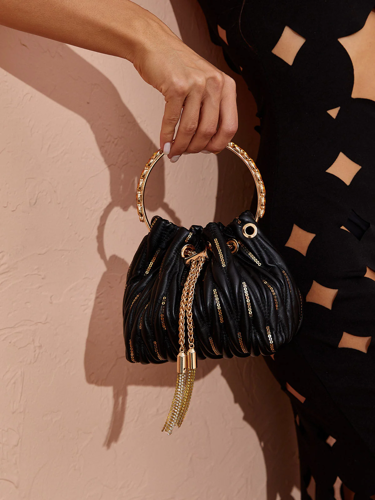 Mattea Leather Sequin Bucket Bag In Black - Image 4